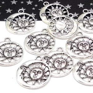 10 Sun and Moon Charms - Antique Silver - Charms in Bulk - Lead Free -  Celestial Charms - Moon and Sun Pendant - Silver Charms - 28mm