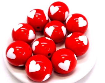 Red Acrylic Heart Beads, Round Plastic, Valentines Bubblegum Bead (19mm, 10 pieces)