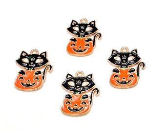 Enamel Pumpkin & Cat Charms, Orange Black Gold, Halloween Pendants (24mm, 4 or 10 pieces)