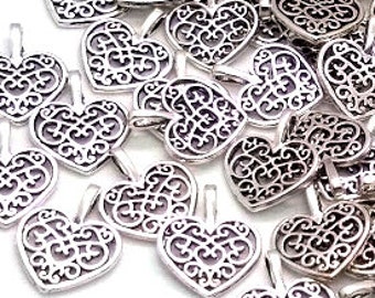 10, 50 or 100 Heart Charms - Bulk Heart Charms - Antique Silver Heart Charm - Filigree Heart - Heart Pendant - Metal Heart -Lead Free - 18mm