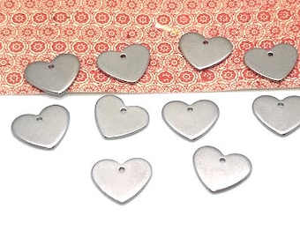 10 Stainless Steel Heart Charms - Heart Blanks - Small Heart Charms - Metal Heart Charms - Silver Heart Charm - 11mm