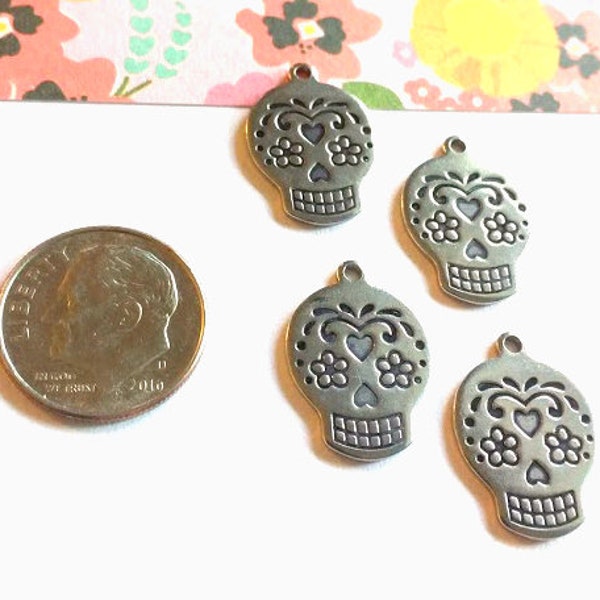 4 or 10 Silver Sugar Skull Charms - Stainless Steel Charms - Non Tarnish Charms - Day of the Dead Charms - Metal Skull Charms - 18mm