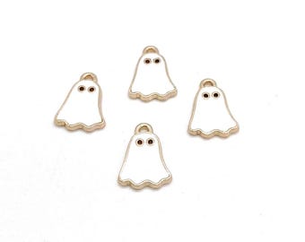Enamel Ghost Charms, White & Gold, Small Halloween Pendants (15mm, 4 or 10 pieces)
