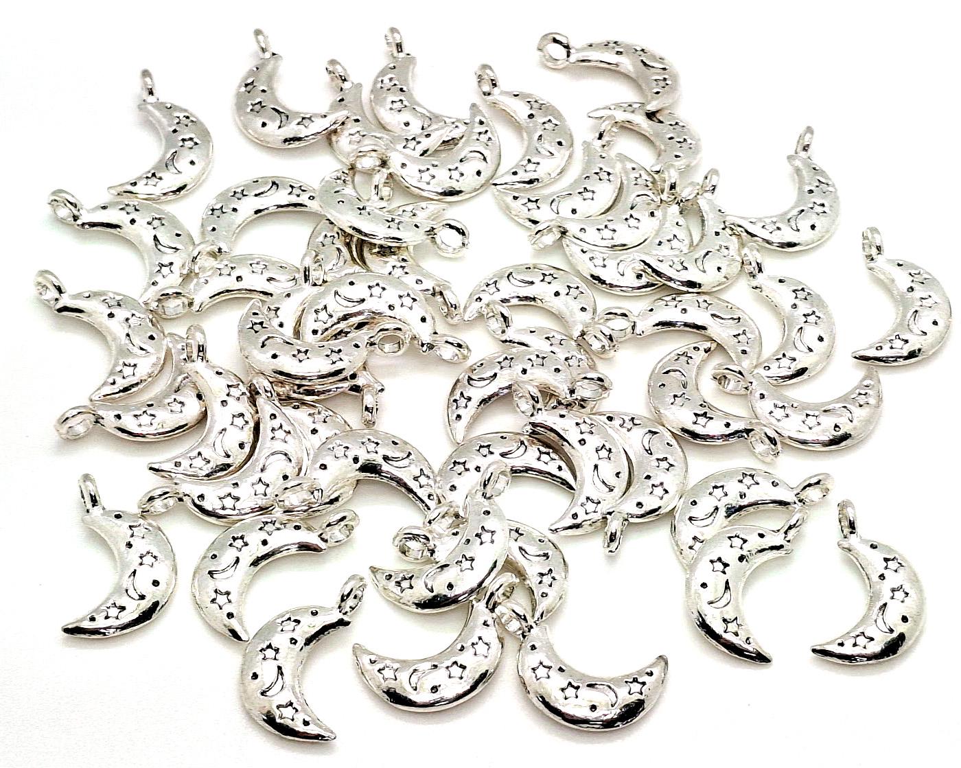 10 or 50 Silver Moon Charms - Antique Silver - Moon with Stars - Charms in Bulk - Lead Free - Celestial Charm - Moon and Stars - 19mm