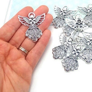 10 or 30 Silver Angel Pendant - Extra Large Charm - Pocket Angel - Christmas Charm - Lead Free - Antique Silver - Christmas Angel - 42mm