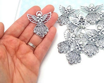 10 or 30 Silver Angel Pendant - Extra Large Charm - Pocket Angel - Christmas Charm - Lead Free - Antique Silver - Christmas Angel - 42mm