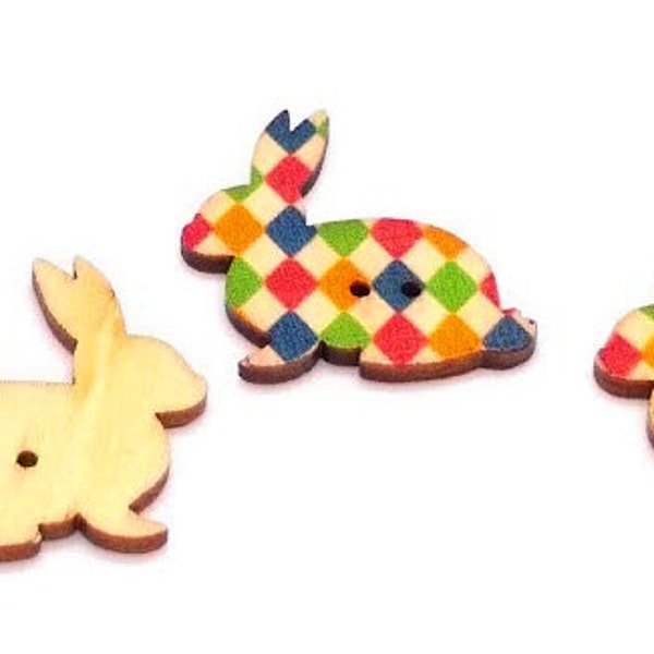 4 Bunny Rabbit Buttons -  Wood Buttons - Wooden Sew on Button - Easter Bunny - Animal Buttons - Sewing Supplies - Colorful - Argyle - 30mm