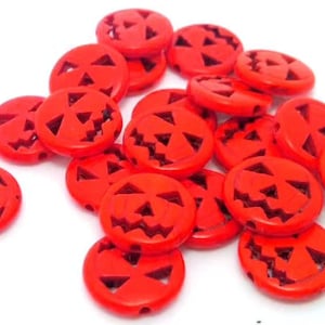 20 or 50 Orange Pumpkin Beads - Halloween Beads - Flat Round Beads - Jack o Lantern - Beads in Bulk - Stone Pumpkin - 15mm