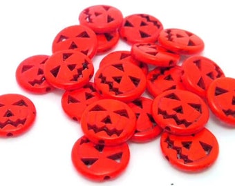 20 or 50 Orange Pumpkin Beads - Halloween Beads - Flat Round Beads - Jack o Lantern - Beads in Bulk - Stone Pumpkin - 15mm