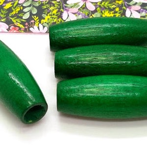 4 Green Large Hole Beads - Emerald Green - Wood Bead - Macrame Beads - Beads with Large Hole - Vintage Wood Beads - Large Green Bead - 2 in