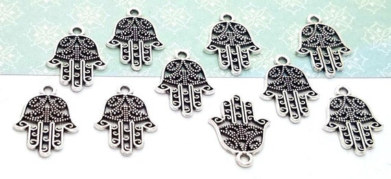 Silver Hamsa Hand Charms, Spiritual Jewelry Pendants, Hand of Buddha (21mm, 10 pieces)