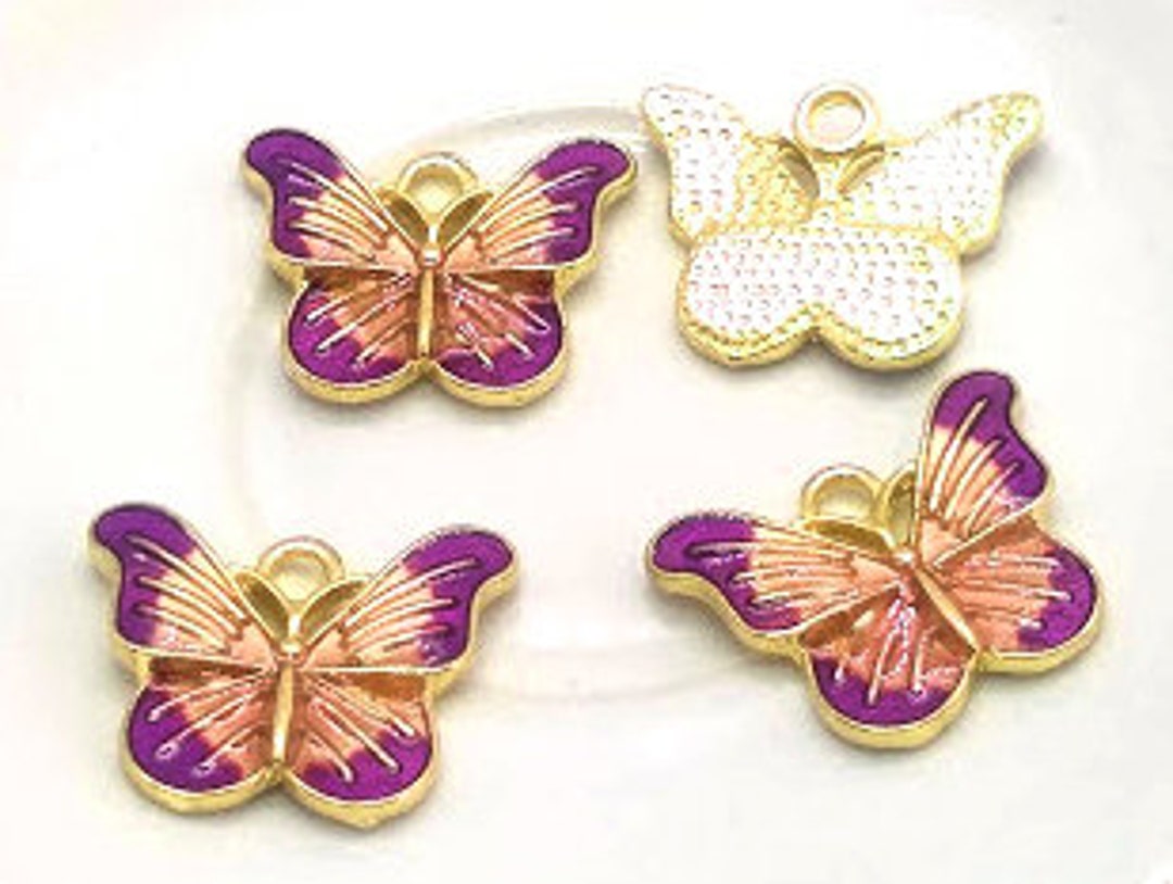 4 Enamel Butterfly Charms Purple Pink Gold Butterfly Pendants Enameled
