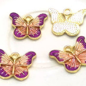 4 Enamel Butterfly Charms - Purple Pink Gold - Butterfly Pendants - Enameled Butterfly - Colorful Butterfly Charm - 16mm