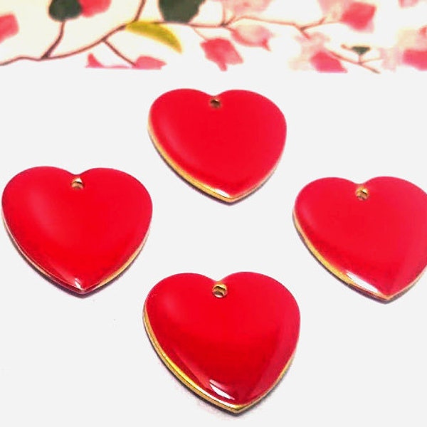 4 or 10 Red Heart Charms - Enameled Heart - Heart Pendant - Colorful Heart - Valentine - Little Girl Charm - Gold  Frame - Love Charm - 16mm