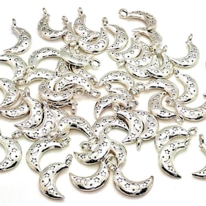 Silver Moon & Stars Charms, Metal Alloy,  Celestial Jewelry Pendants (19mm, 10 or 50 pieces.)