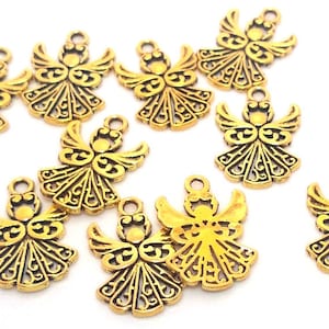 May include: Ten gold-colored angel charms with intricate details. Each charm features a stylized angel with wings and a halo. The charms are perfect for adding a touch of elegance to jewelry, crafts, or home decor.
