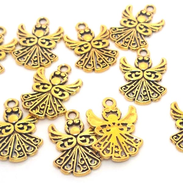 10 or 50 Gold Angel Charms - Christmas Charm - Lead Free - Charms in Bulk - Gold Angel Pendant - Christmas Angel Charm - 20mm