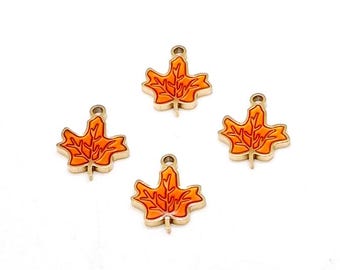 Orange Maple Leaf Charms, 14k Gold Plated, Small Enamel Autumn Pendant (16mm, 4 Pieces)