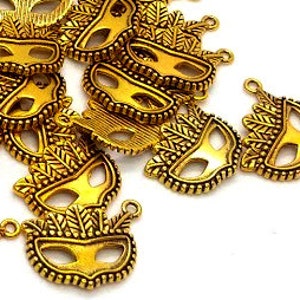 10 or 50 Mardi Gras Mask Charms - Antique Gold - Masquerade Charms - Lead Free Charms - Charms in Bulk - Mask Pendant - 21mm