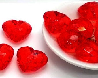 10 or 30 Red Heart Beads - Acrylic Heart Beads - Large Heart Bead - Faceted Heart Beads - Valentines Day - Red Plastic Heart Bead - 25mm