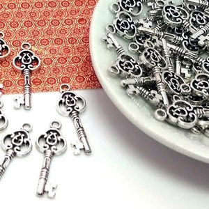 10 or 50 Silver Key Charms - Charms in Bulk - Skeleton Key - Lead Free - Antique Silver - Decorative Key - Bulk Key Charms - 28mm