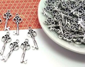 10 or 50 Silver Key Charms - Charms in Bulk - Skeleton Key - Lead Free - Antique Silver - Decorative Key - Bulk Key Charms - 28mm