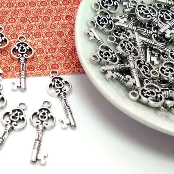 10 or 50 Silver Key Charms - Charms in Bulk - Skeleton Key - Lead Free - Antique Silver - Decorative Key - Bulk Key Charms - 28mm