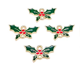 Enamel Holly Leaf Charm Link Connectors, Green Red & Gold, Christmas Jewelry (12mm, 4or 10pieces)