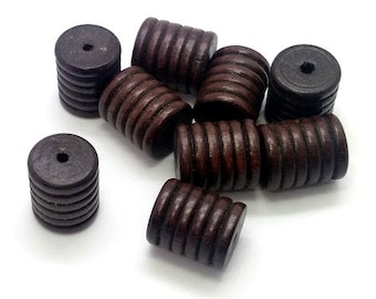 Vintage Dark Brown Wood Beads, Grooved Tube Wooden Jewelry Beads (19mm, 8 Pieces)