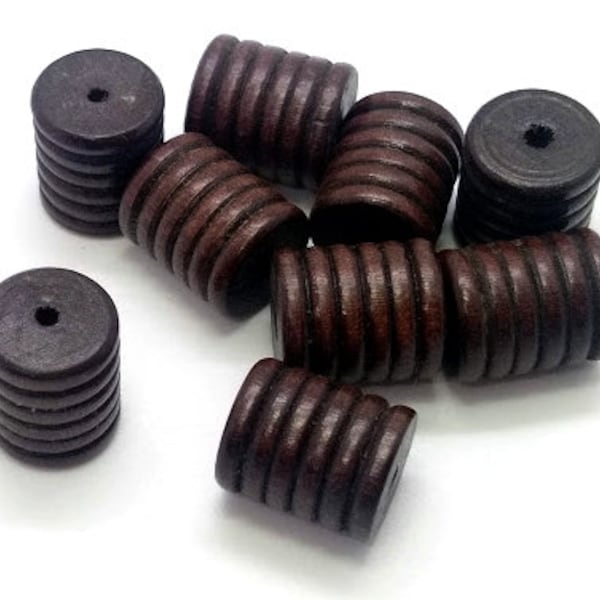 8 Dark Brown Wooden Beads - Vintage Wood Beads - Large Wood Beads - Grooved Wood Bead - Natural Wood Beads - Wooden Tube Beads - 19mm