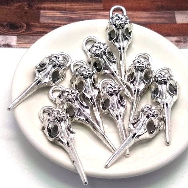 4 or 10 Bird Skull Charms - Antique Silver Tone - Skull Charms - Lead Free - Halloween Charm - Charms in Bulk - Bird Skull Pendant - 40mm