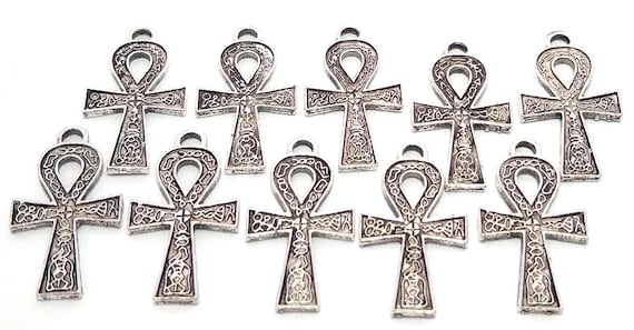 Silver Ankh Charms, Metal Alloy, Egyptian Hieroglyph Pendants (36mm, 10 or 50 pieces)