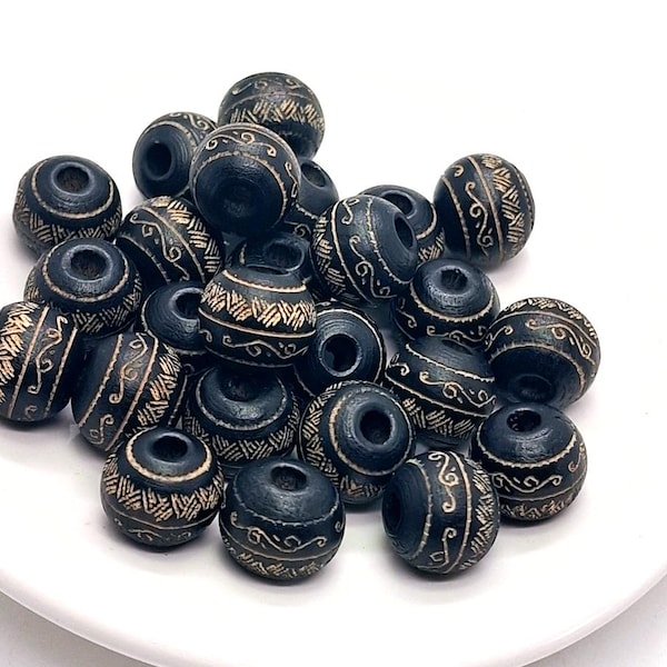 Carved Wood Beads, Black Tan, Decorative Wooden Small Round Bead (9mm, 10 or 25pieces)