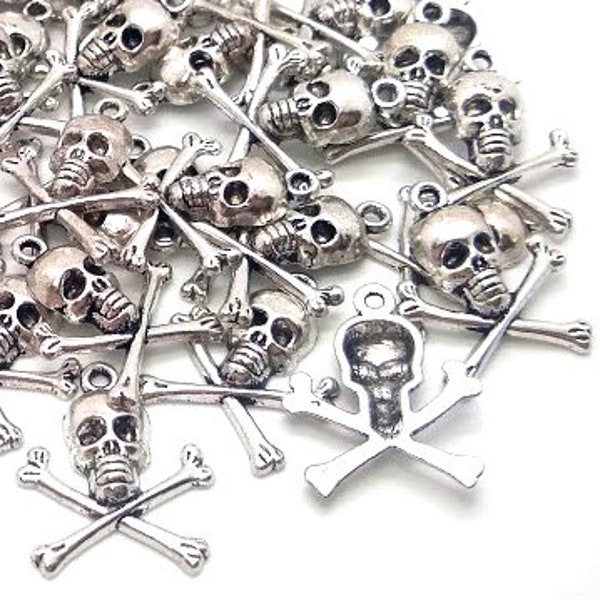 10, 50 or 100 Skull and Cross Bone Charms - Antique Silver Skull Charms - Lead Free - Halloween Charm - Charms in Bulk - Pirate Charm - 24mm