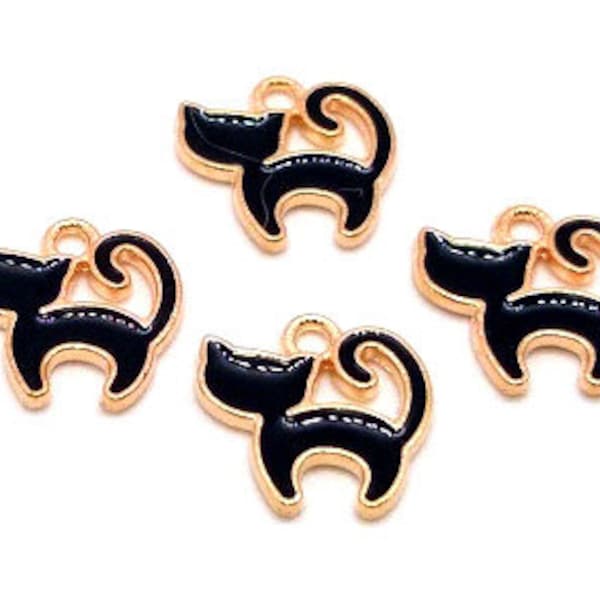 4 or 10 Black Cat Charms - Small Cat Charms- Black and Rose Gold Tone - Enamel Cat Charms - Enameled Cat Pendant - Halloween Charms - 13mm