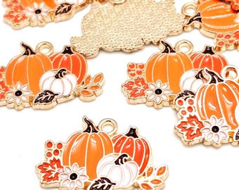Enamel Pumpkin Charms, Orange Brown Gold, Halloween Thanksgiving Pendants (17mm, 4 or 10 pieces)