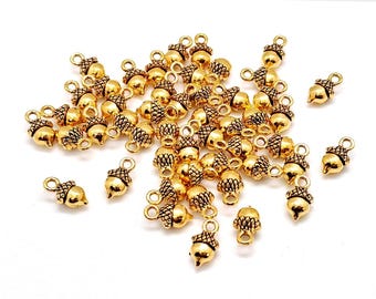 Gold Acorn Charms, Metal Alloy, Autumn Nature Jewelry Pendants (12mm, 10 or 50 pieces)