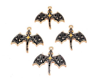 Enamel Flying Dragon Charms, Black & Gold, Jewelry Pendants (29mm, 4 or 10 pieces)