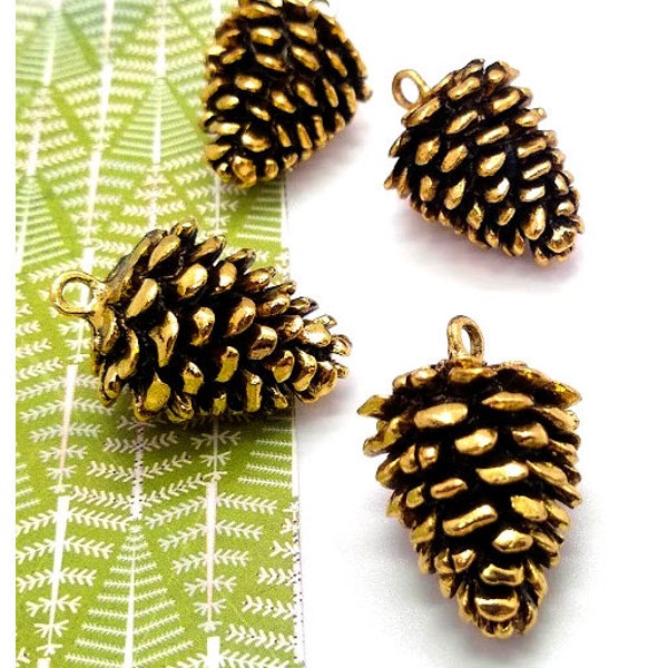 4 Metal Pine Cones - Antique Gold - Christmas Charms - Large Charms - Lead Free - Pine Cone Decor - Pine Cone Pendant - 34mm