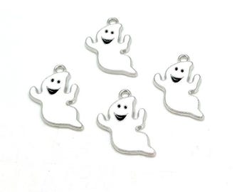 Enamel Ghost Charms, White Black Silver, Halloween Pendants (22mm, 4 or 10 pieces)