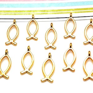 May include: Ten gold-colored metal fish charms with a loop at the top for attaching to jewelry or other crafts.