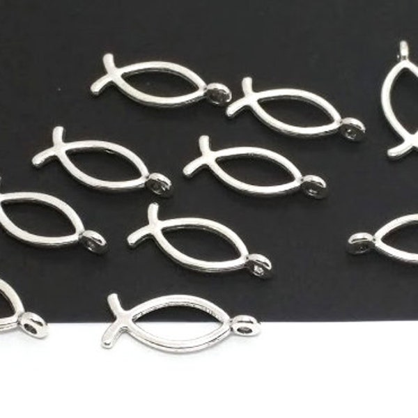 10 or 50 Jesus Fish Charms - Small Silver Fish - Religious Charms - Lead Free - Charms in Bulk - Ichthys - Christian Charms - 20mm