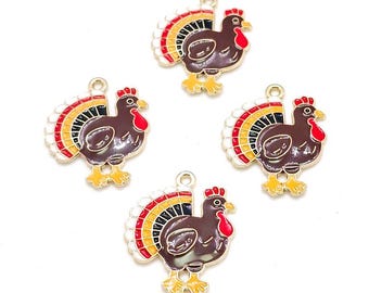 Enamel Turkey Charms, Brown Yellow Red Gold, Thanksgiving Pendant (27mm, 4 or 10 pieces)
