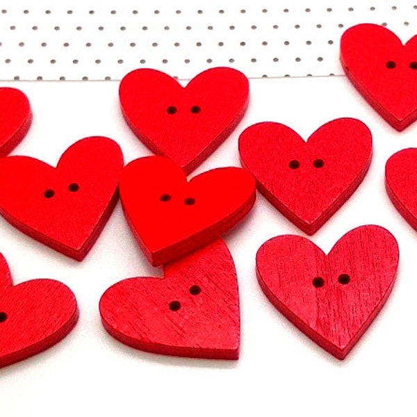 10 Red Heart Buttons - Wooden Heart Buttons - Red Wood Button - Sew on Button - Bulk Heart Buttons - Valentines Day - Two Hole Button - 23mm