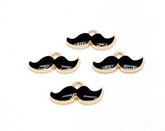 Enamel Mustache Charms, Black & Gold, Jewelry Pendants (9mm, 4 or 10 pieces)