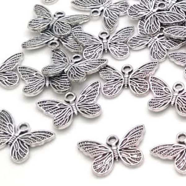 10 or 50 Silver Butterfly Charms - Antique Silver - Butterfly Charm - Lead Free - Charms in Bulk - Small Butterfly Pendant - 11mm