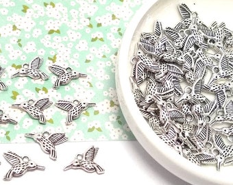 10, 50 or 100 Humming Bird Charms - Antique Silver - Silver Humming Bird - Lead Free - Charms in Bulk - Animal Charm - Bird Charm - 12mm