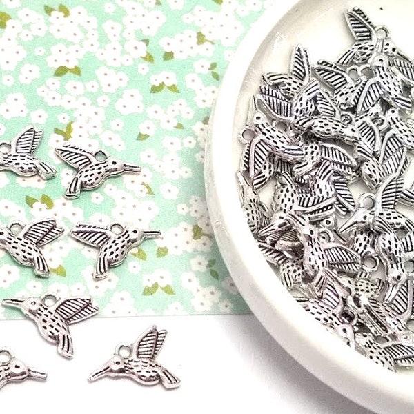 10, 50 or 100 Humming Bird Charms - Antique Silver - Silver Humming Bird - Lead Free - Charms in Bulk - Animal Charm - Bird Charm - 12mm