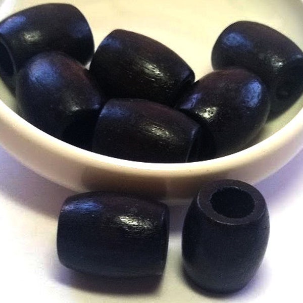 8 Large Wood Beads  - Black Wood Bead - Wooden Macrame Beads - Beads with Large Hole - Vintage Macrame Beads - Big Hole - Wood Tubes - 22mm