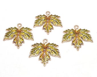 Enamel Maple Leaf Charms, Green Brown Gold, Autumn Pendant (29mm, 4 or 10 Pieces)